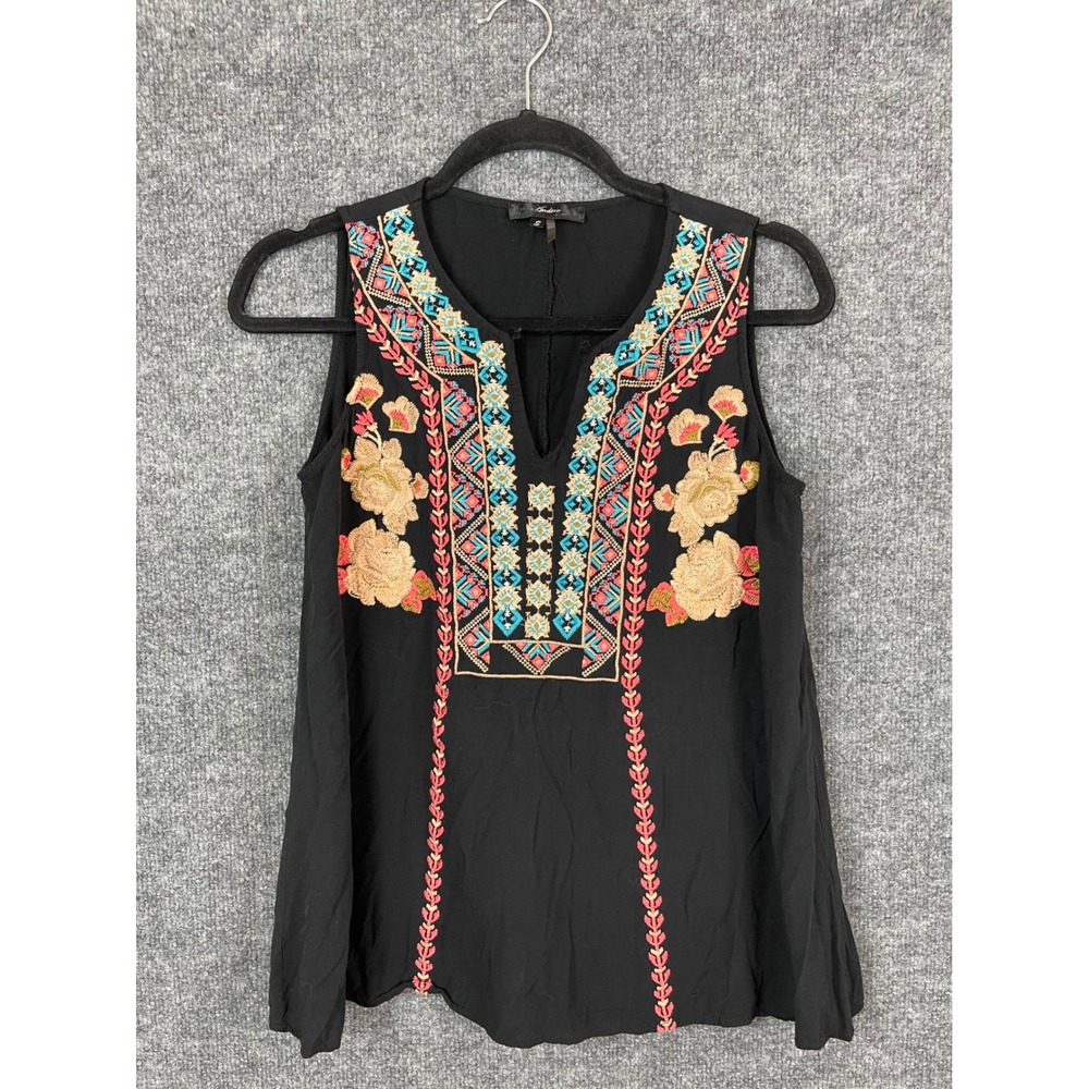Andree by UNIT Embroidered Tank Top Women S Black Boho Split Neck Blouse